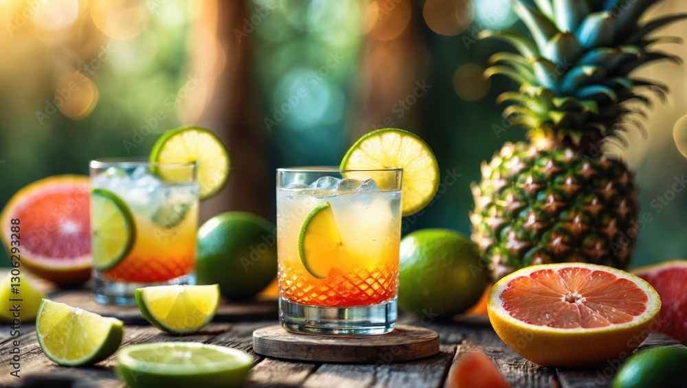 Poster invigorating summer drinks featuring bitters alongside lime, grapefruit, and pineapple on the table.