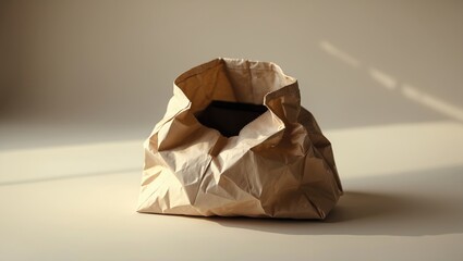 Conceptual design of a crumpled paper bag, on a plain background.