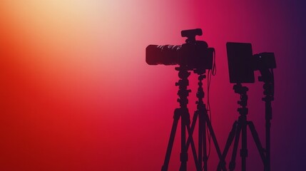 Silhouettes of cameras and light on tripods against a vibrant gradient background