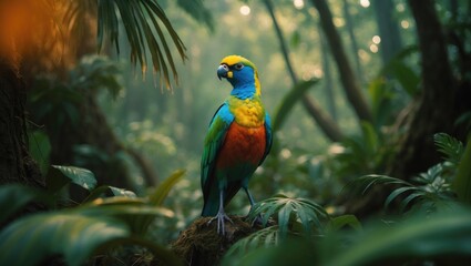 Obraz premium Vibrant and stunning bird within its natural environment. Avian species of northern Pantanal, Brazil's wilderness rich in greenery, showcasing the essence of South American nature and wild landscapes.