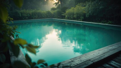 High-angle view of an outdoor swimming pool scene