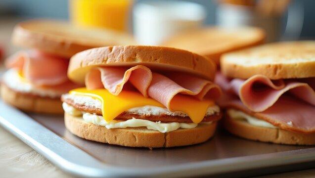 Fried sandwiches filled with egg, ham, and melted cheese on toasted bread.