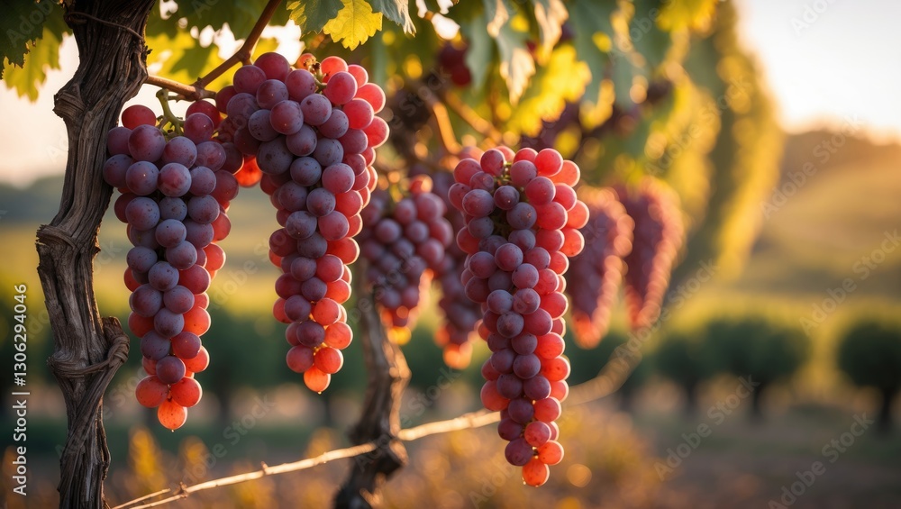 Poster clusters of ripe red wine grapes dangle from a timeworn vine, illuminated by the soft glow of the af