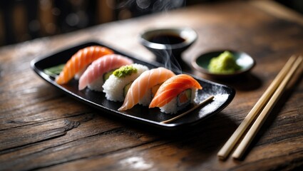 On a wooden surface, a display of sushi and rolls accompanied by chopsticks and soy sauce, showcasing Japanese cuisine.