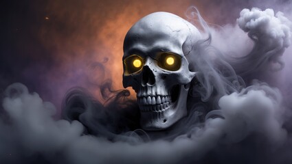 Eerie skull rising from a misty fog. Spooky Halloween backdrop.