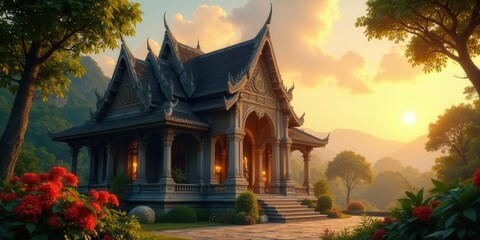 Fototapeta premium Serene Pavilion at Sunset An Architectural Marvel Amidst Lush Foliage and Gentle Hills