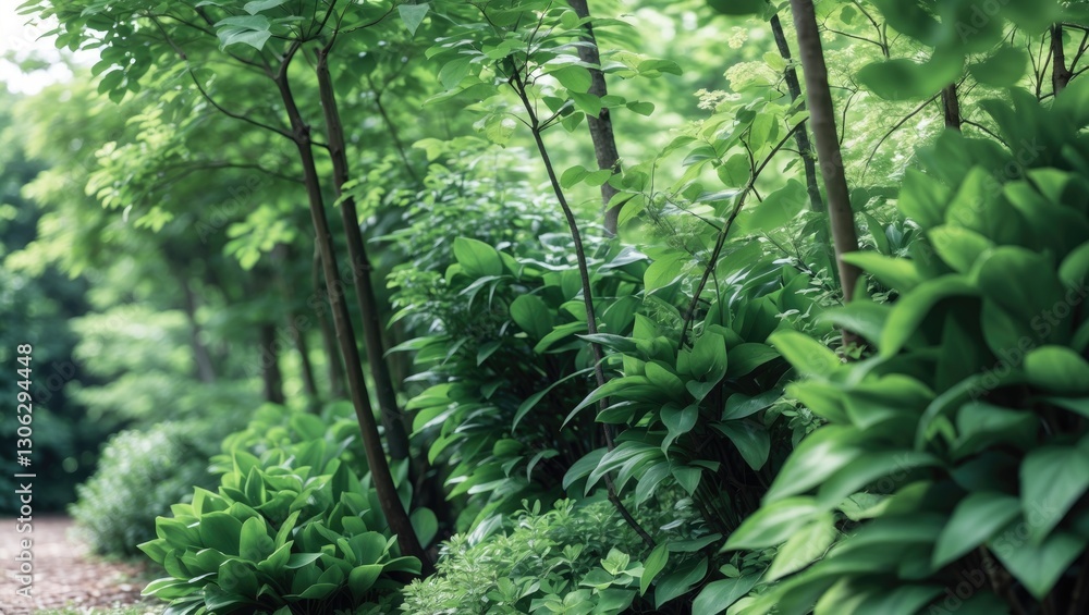 Poster eliminate the tree border. collection of vibrant green plants and trees set against a clear backdrop