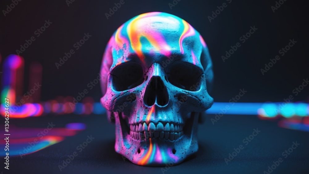 Poster glitch art featuring pixel-sorted, vibrant psychedelic visuals of a front-facing skull displayed aga
