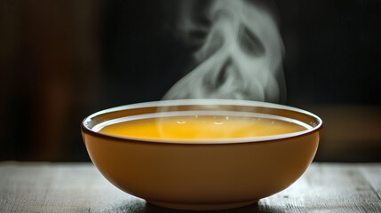 Rustic bowl of steaming bone broth with rich color and comforting aroma