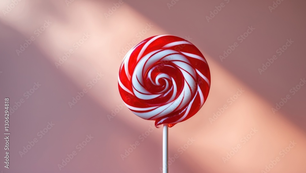 Poster swirled red and white lollipop on a white stick against a pink backdrop. overhead view, with space f