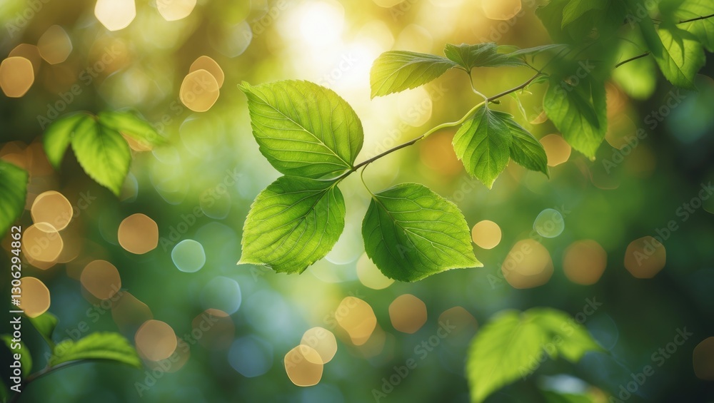 Poster lush green foliage with bokeh effect in a garden, featuring sunlight and a softly blurred background