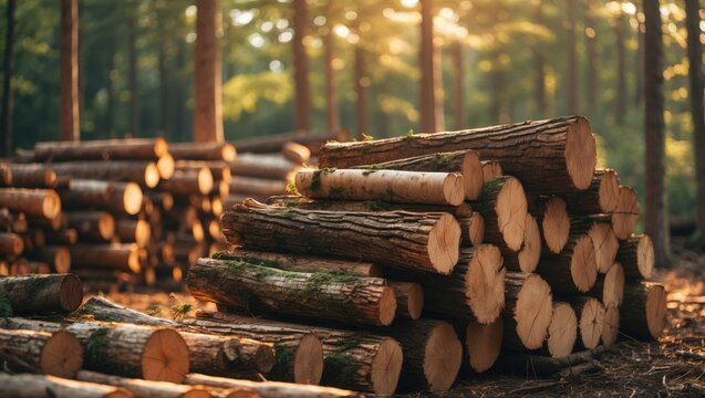 A pile of timber formed from the sanitary felling of trees along the edge of a mixed forest, set for future removal and processing in sunny weather. - Powered by Adobe