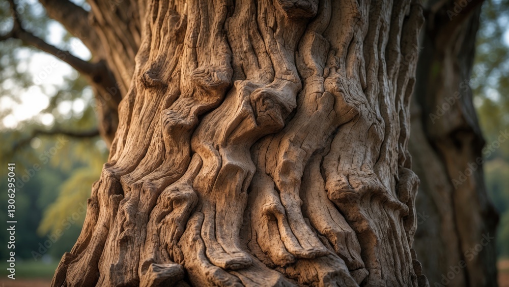 Poster the bark of an oak tree displays a textured design, capturing a wide view of its grain.