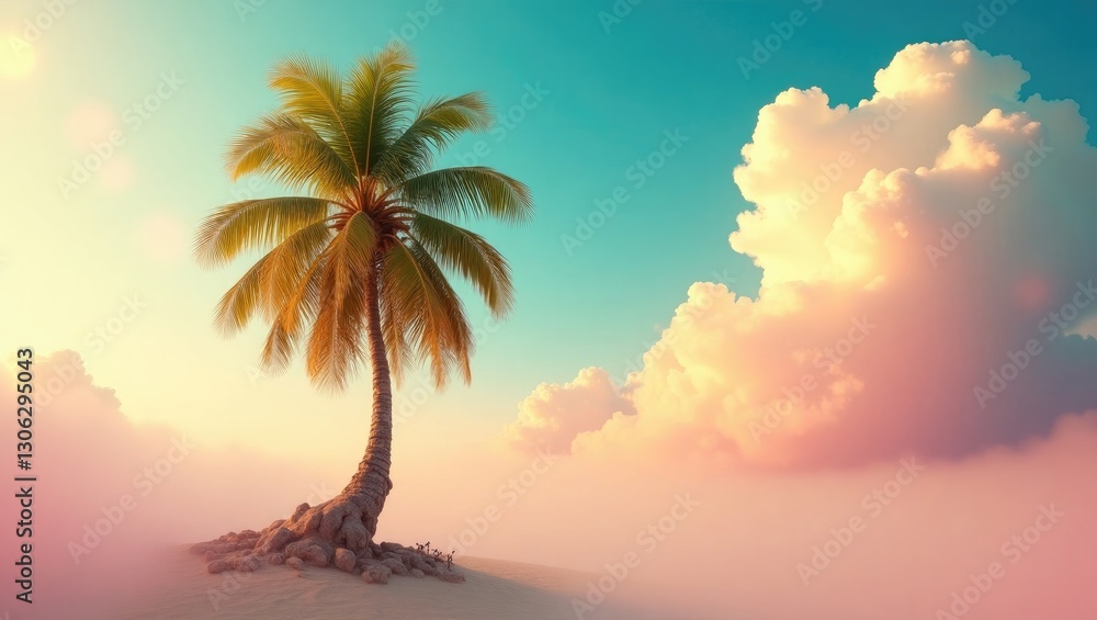 Poster scenic background featuring a retro coconut palm tree