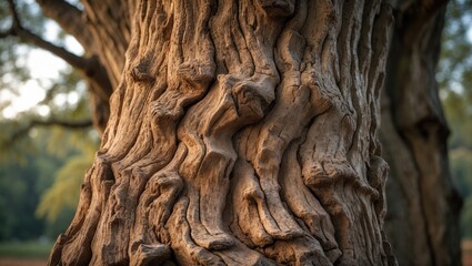 The bark of an oak tree displays a textured design, capturing a wide view of its grain.