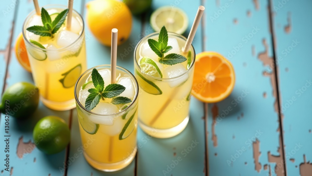 Poster invigorating summer drinks featuring citrus fruits on a retro blue table. bird's eye view. selective