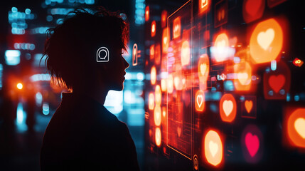 A lonely person scrolling through a futuristic dating app, with glowing profiles appearing in augmented reality around them. The scene evokes a sense of digital longing and virtual connection.

