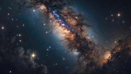 Fototapeta premium Vast view of the Milky Way galaxy featuring stars and cosmic dust, captured in a long exposure shot with a grainy texture and high resolution.