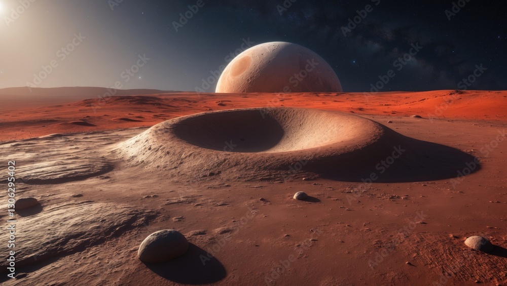 Poster spherical panorama of phobos featuring mars in the backdrop, hdri environmental map. equirectangular