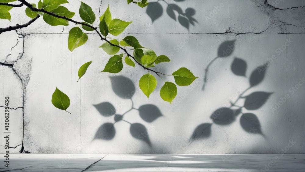 Poster falling tree branch with natural leaves casting gray shadows on a white concrete wall, creating an a