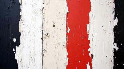 Textured Wood Surface with Stripes of Red White and Black Paint
