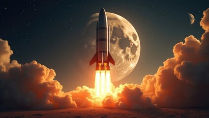 Naklejka premium Rocket ascending with smoke and fiery blast into a shimmering night sky featuring a full moon. Concept of space launch and lunar mission.