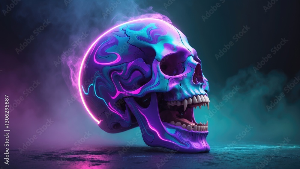 Poster colorful abstract rendering of a screaming skull sliced open, set against a backdrop featuring a vap