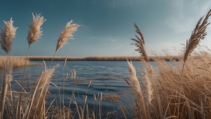 Fototapeta premium Lakeside scene featuring pampas grass, a layer of reeds, and reed seeds. Golden grasses sway gently against a backdrop of a clear blue sky. An abstract depiction of nature, showcasing a serene patt...