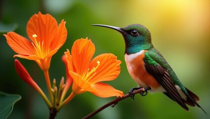 Fototapeta premium Chilean giant hummingbird perched on vibrant orange abutilon flowers in the garden.