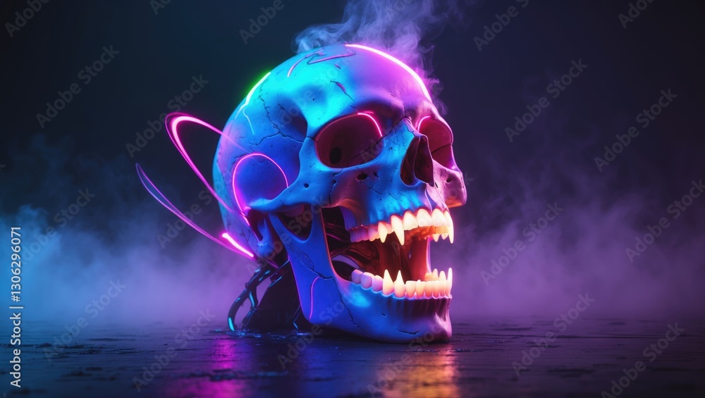 Poster colorful abstract image depicting a sliced screaming skull, set against a background with a vaporwav