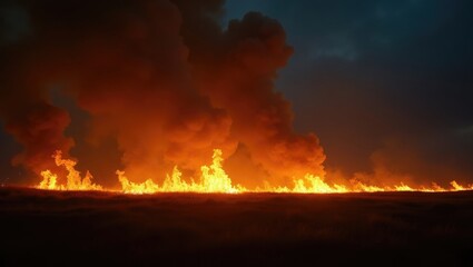 Wildfire landscape, expansive view. Evening capture. Themes of arson, catastrophe, and extreme events.