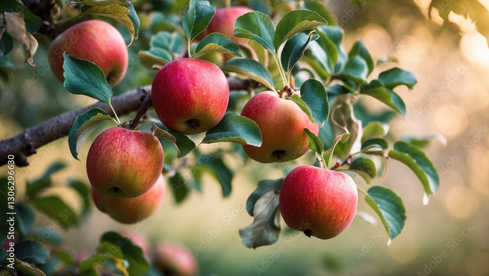 Poster crimson apples hanging from a branch of an apple tree