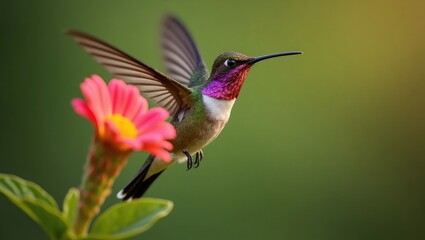 Fototapeta premium Male Allens Hummingbird (Selasphorus sasin) hovering near a blossom against a lush green backdrop