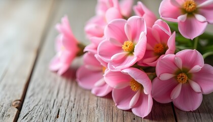 Fototapeta premium Fresh pink flowers on a wooden table, a sweet summer treat. 