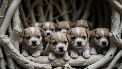 Small stray puppies in a crafted enclosure created by volunteers, eagerly awaiting a family to adopt them. These tiny dogs gaze hopefully with sad eyes, longing for a loving home and caretaker.