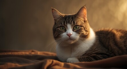 Image title: Close-up of a domestic shorthair cat with brown tabby and white coloring
