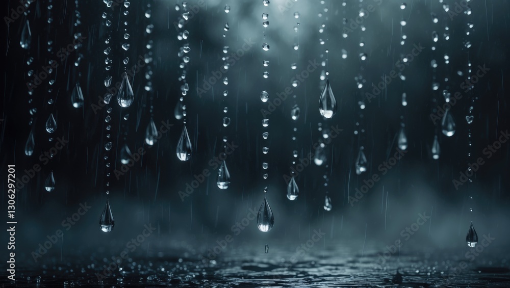 Poster image depicting a downpour against a dark backdrop. featuring lifelike raindrops in various light an
