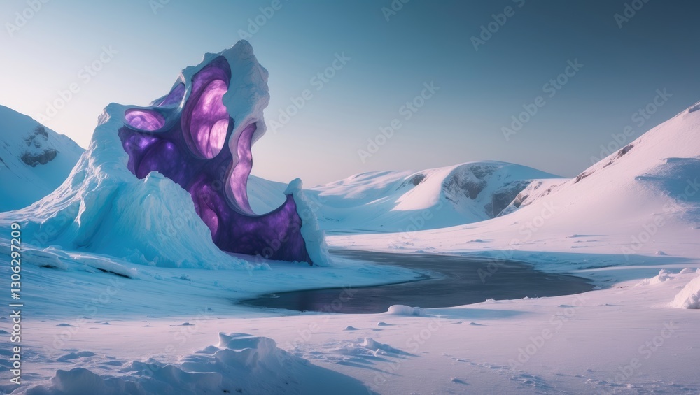 Poster surreal sci-fi artistic interpretation featuring neptune in a wintery landscape. realistic rendering