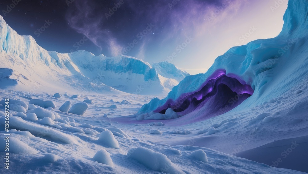 Poster surreal sci-fi artwork featuring a snowy landscape on planet neptune. realistic rendering in a creat