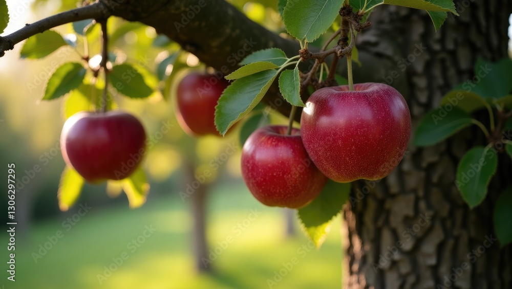 Poster juicy red apples hanging from tree branches in the garden are primed for picking.