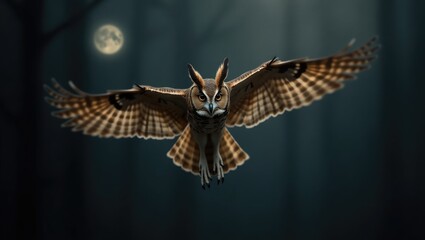 Obraz premium Long-eared owl (Asio otus), Nighttime hunting, soaring through the air