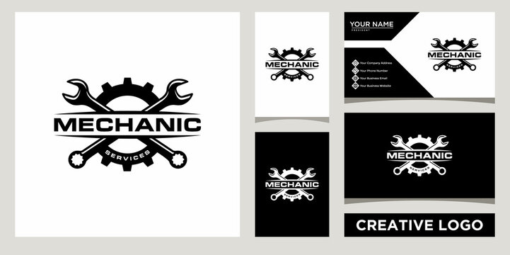 mechanic services logo design template with business card design	
