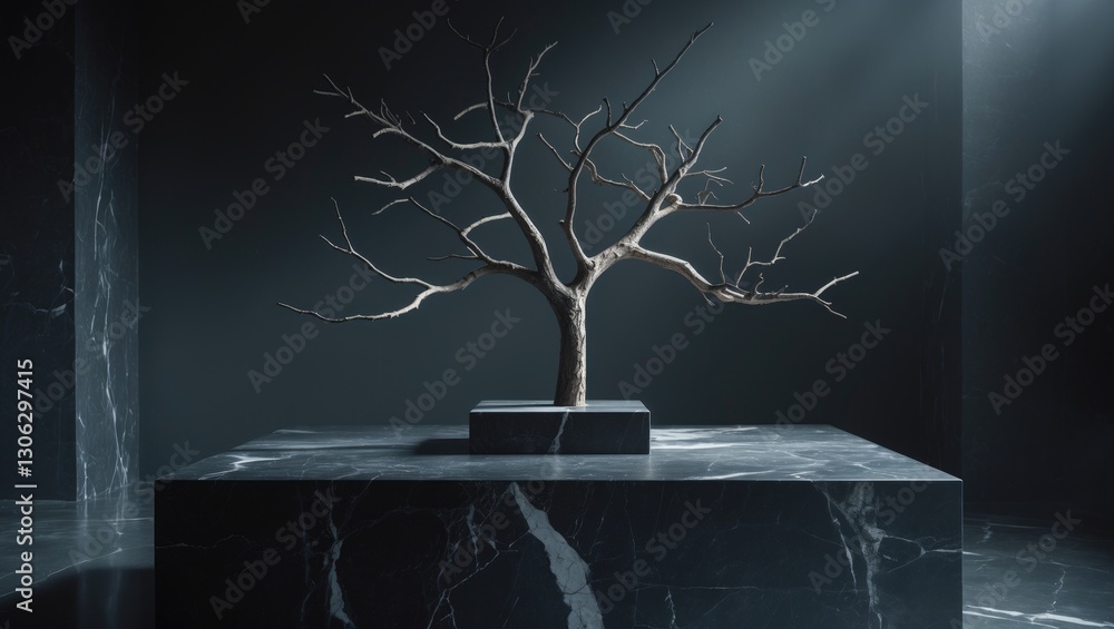 Poster conceptual display of a bare tree branch on a luxurious dark marble pedestal, emphasizing an empty s