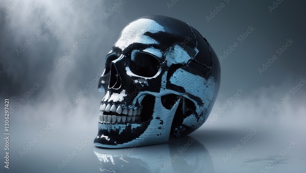 Aufkleber surreal image of a digitally rendered deformed skull with glitch effects, featuring shiny chrome ref
