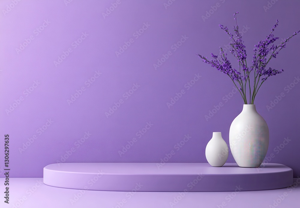 Poster soft purple background with two elegant vases and delicate flowers on minimalist display table in mo