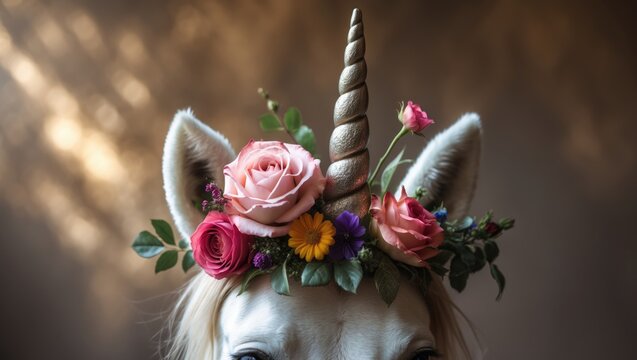 Image of a floral unicorn crown adorned with roses and a variety of colors.