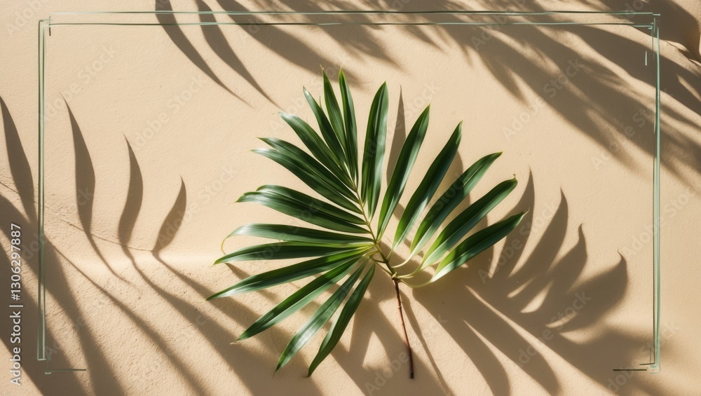 Poster tropical leaves casting intriguing shadows from above on a sandy surface. flat layout. minimalist su