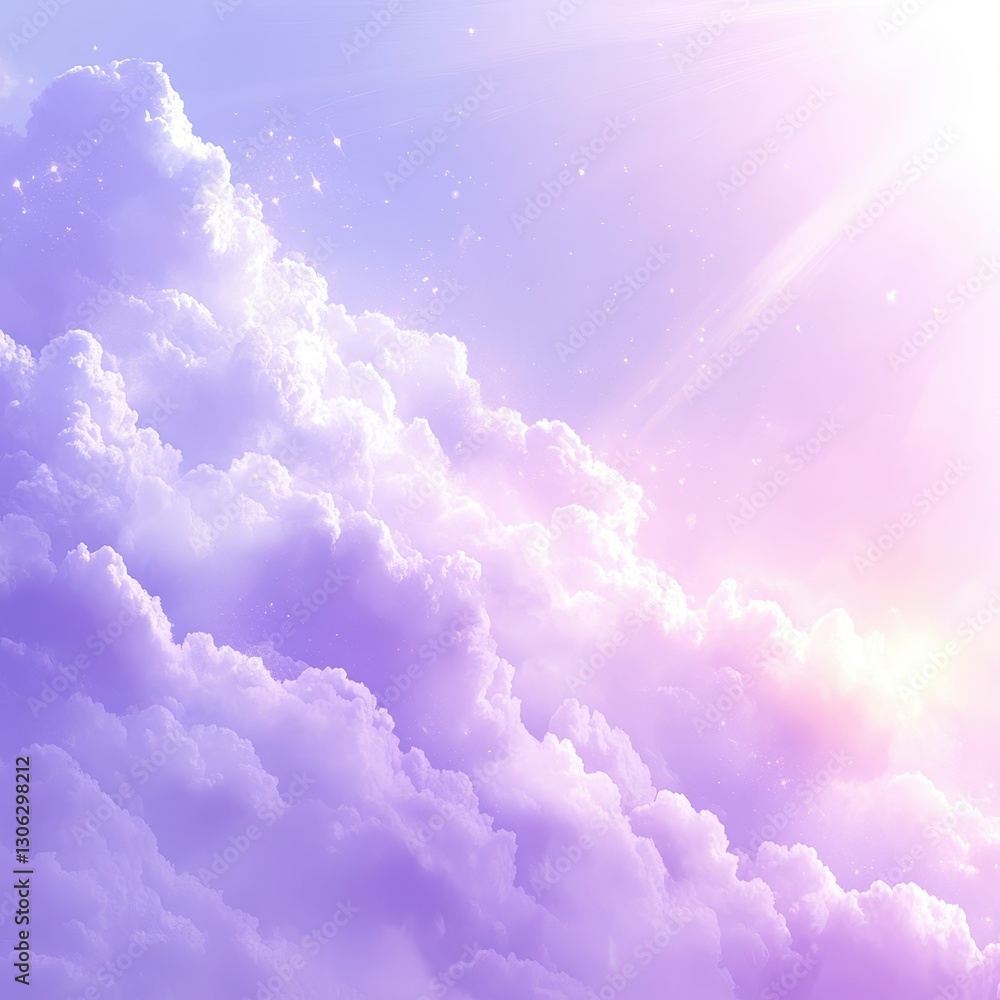 Poster soft purple clouds with light rays in a pastel sky creating a serene and dreamy atmosphere for desig