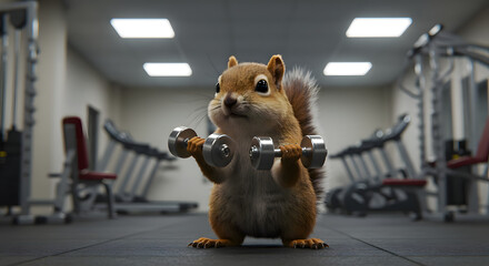 Funny Squirrel Working Out With Dumbbells in a Gym 