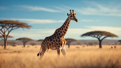 Fototapeta premium Distant perspective of an African Giraffe in a wildlife reserve located in South Africa